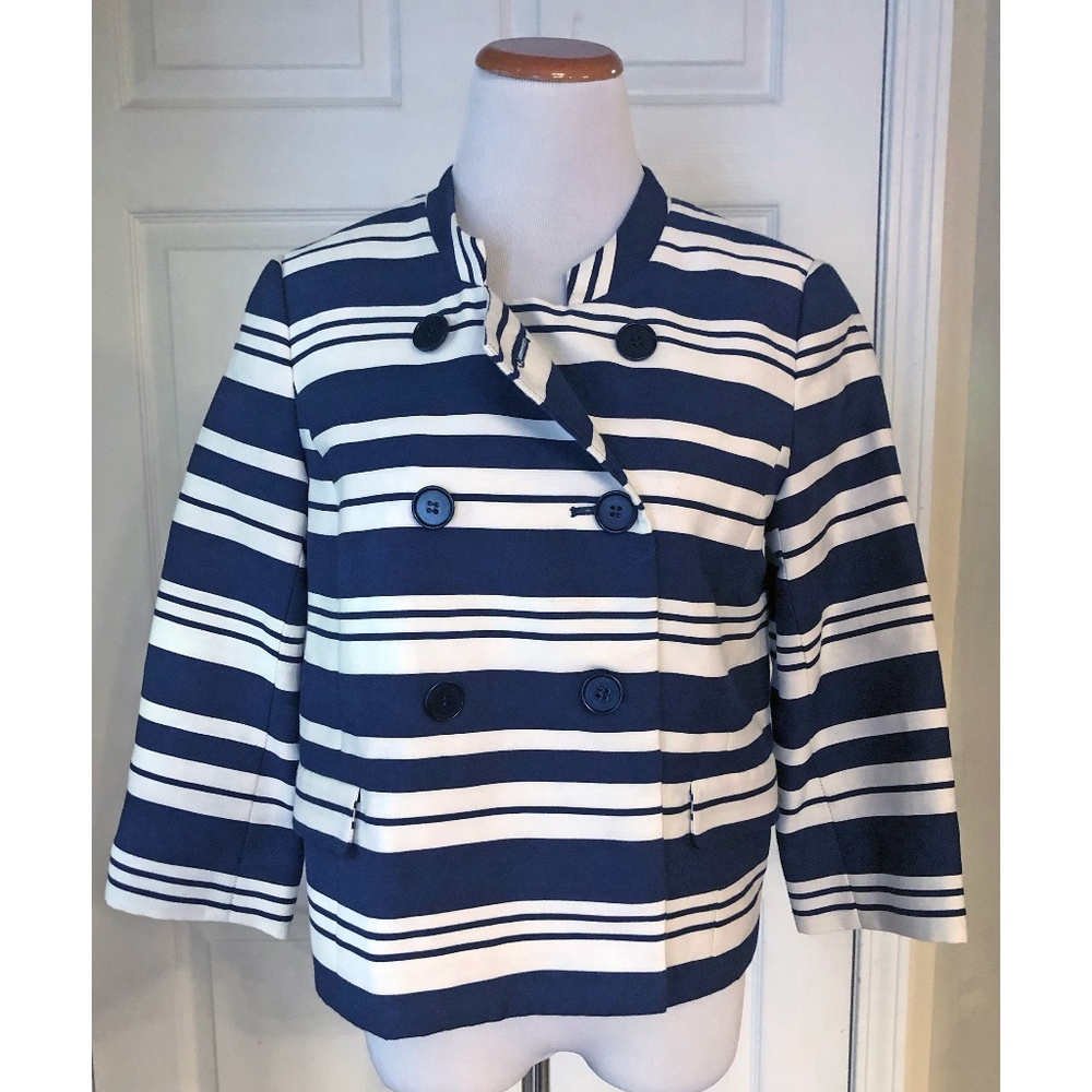 Talbots Navy & White Striped Blazer Jacket, Double Breasted, Lined, Cotton